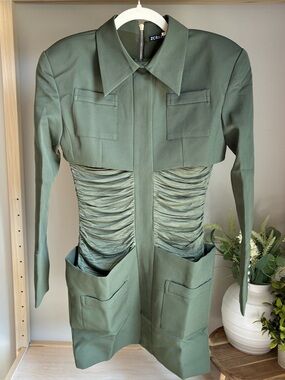 Army Cape Designer Mini Dress Army Green Ruched Fitted Collared‎ Sz Small